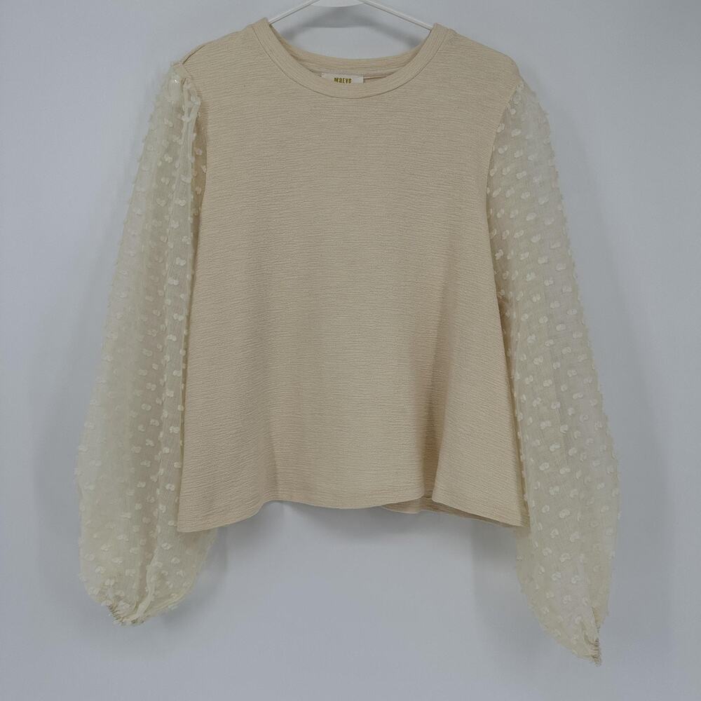 Maeve Womens 1X Beige Sheer Swiss Dot Balloon Sleeve Blouse Top Anthropologie